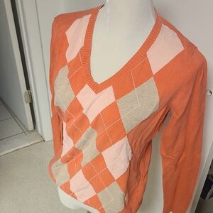 Izod Women's V-Neck Argyle Sweater - Coral, Light Pink, Beige